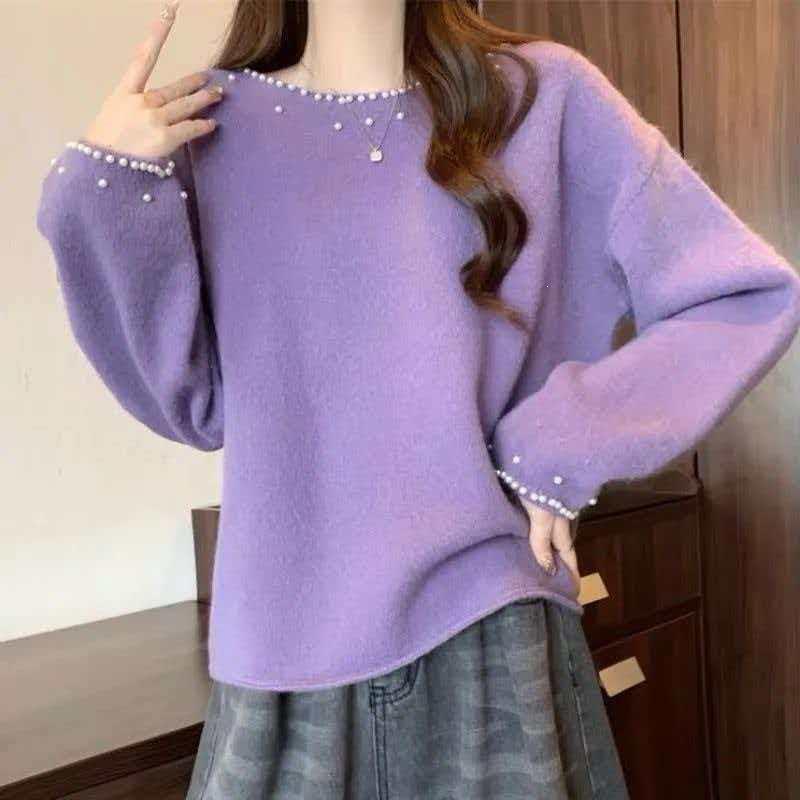 Chic Beaded Korean Style Long Sleeve Sweater - Loose Knit for Autumn/Winter 2025