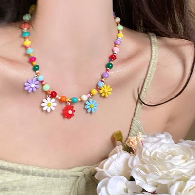 Color Acrylic Rice Bead Flower Necklace Women's Personality Fashion Design Clavicle Chain Sweet Small Fresh Necklace