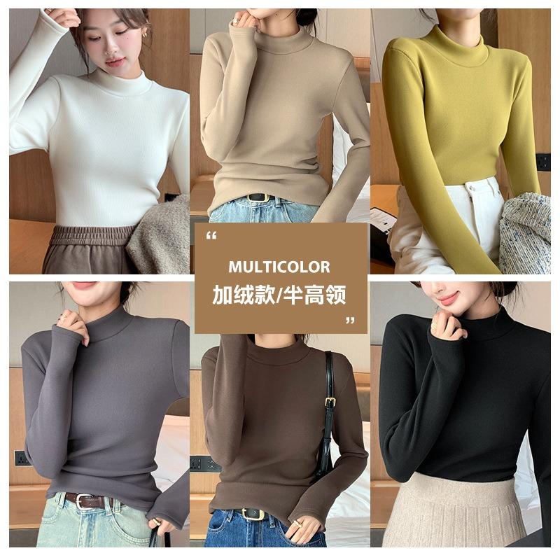 3 Inner Semi-turtleneck Slim-fit Knitted Sweater Bottoming Shirt Fleece Thermal Top Autumn and Winter Women's Clothing Long Sleeves