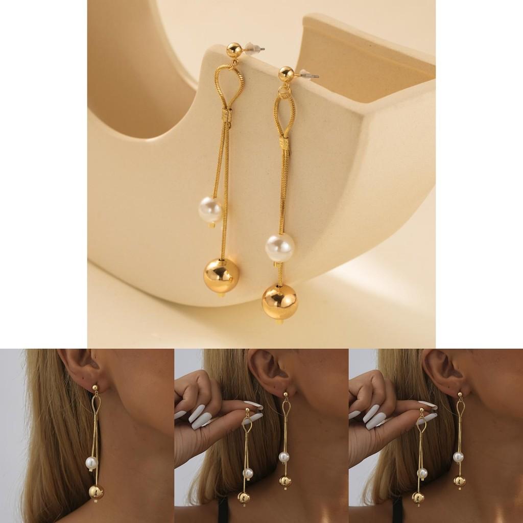2023 Trendy Asymmetrical Earrings Gold Chain Faux Pearl Dangle For Women