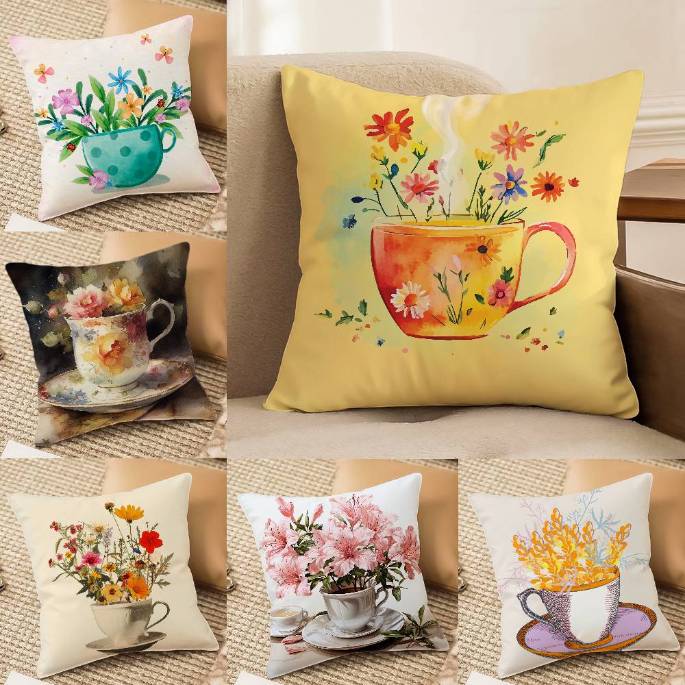 Painting Cup of Flowers Pillow Case Comfort Sofa Bed Silky elegant Invisible zipper Decorative cushion cover