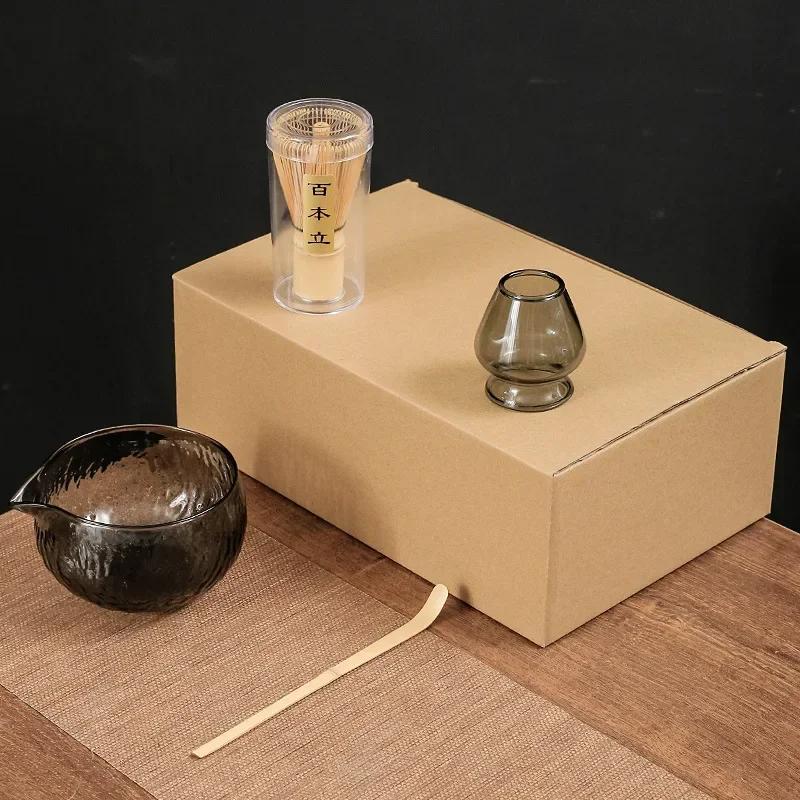 Glass Matcha Sets Hammered Transparent Round Chawan Chasen Holder Bamboo Tea Brush Traditional Tea Ceremony Culture Lover's Gift
