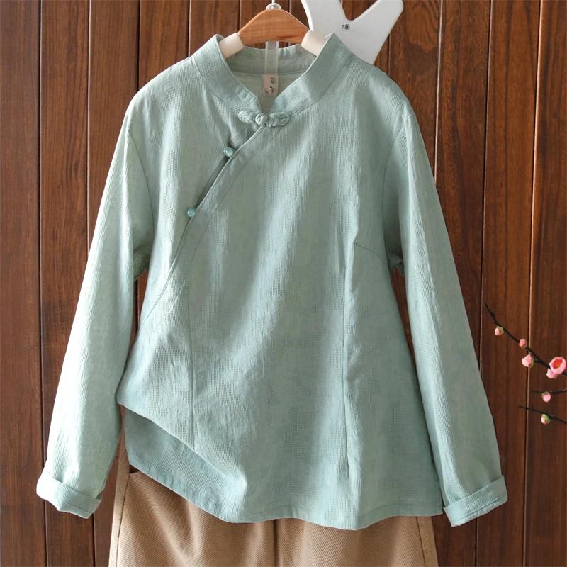 Womens Casual Solid Color Mandarin Collar Frog Button Long Sleeve Linen Shirt