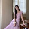 Elegant Floral V-Neck Puff Sleeve Dress for Women - Summer Japanese & Korean Style, Cinched Waist, Slim-Fitting A-Line Long Skirt