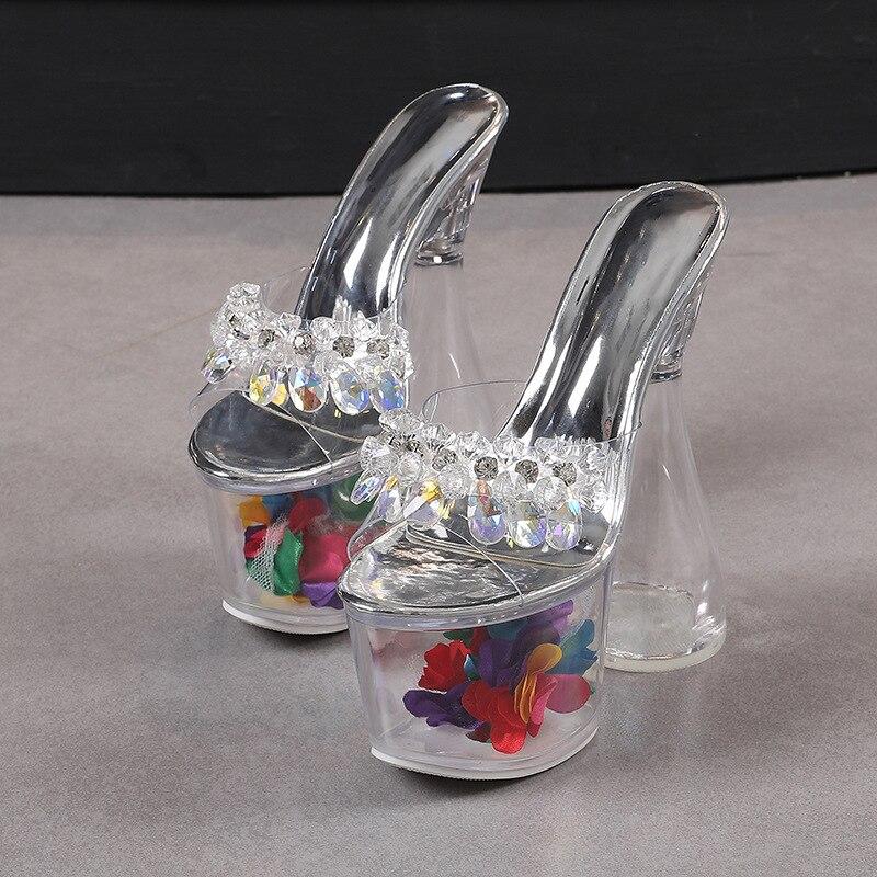 Women's Ultra-high Heels Flower Thick Heels Transparent Thick Soled Crystal Heel Sandals 17.5 Heels