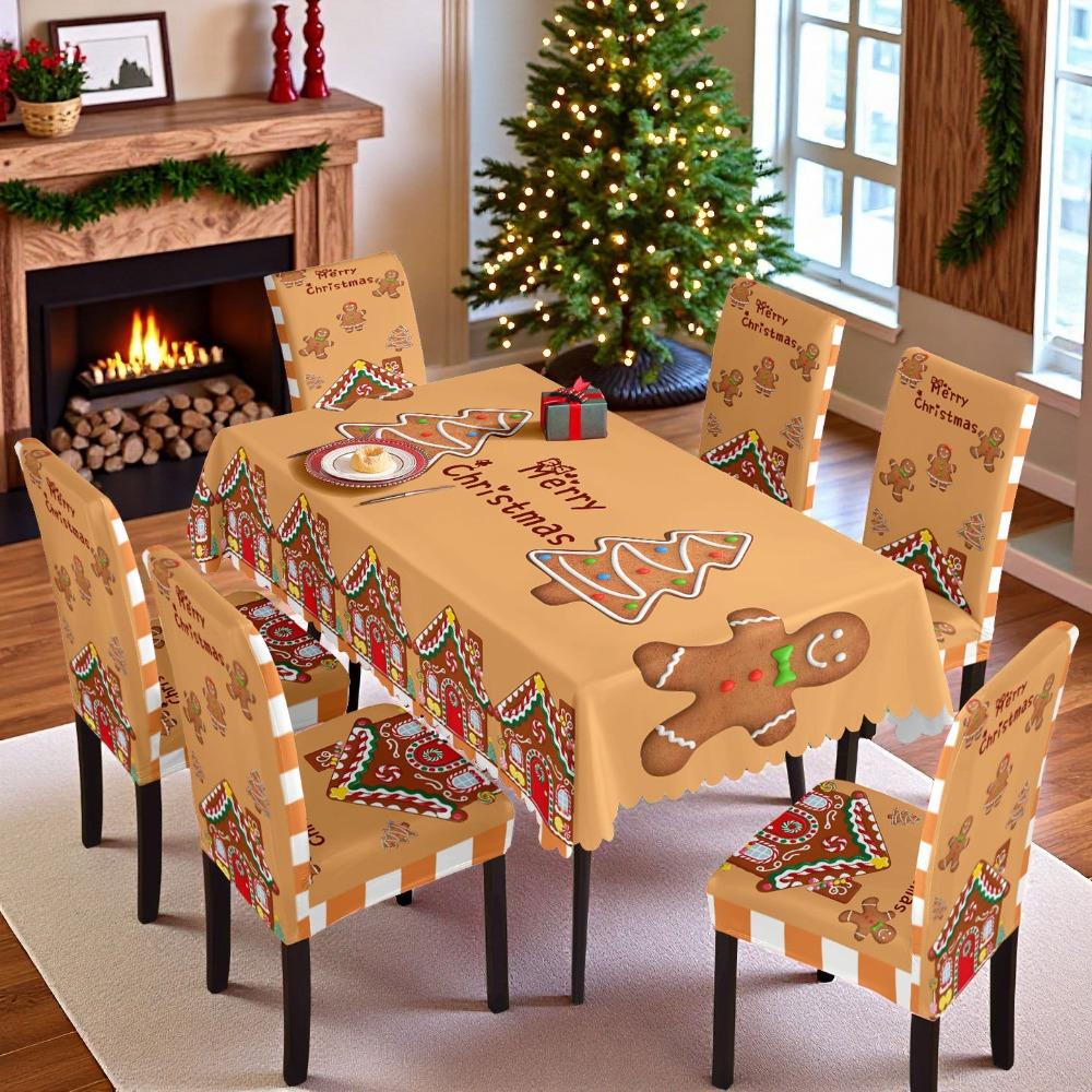 Christmas Santa Print Waterproof Polyester Tablecloth and Chair Covers Set for Dining Room