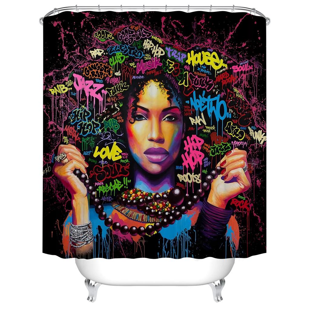 Art Design Graffiti Art Hip Hop African Girl Shower Curtains Bathroom Curtain Frabic Waterproof Polyester Bath Curtain with Hook