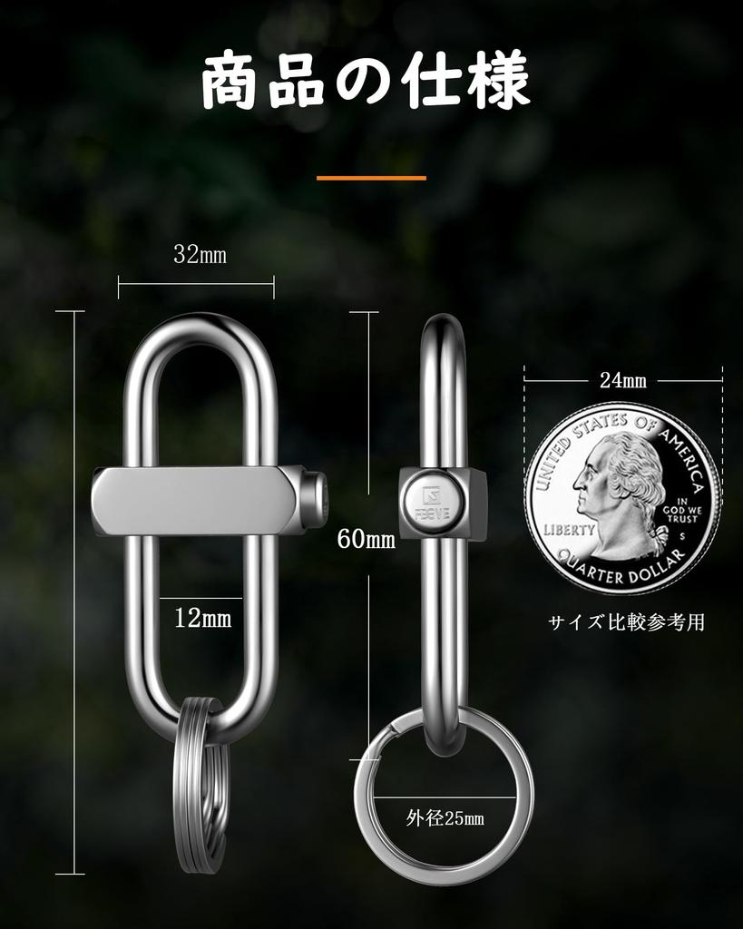 TISUR Car Key Chain, Double Ring, Keychain, Carabiner Hook, Keychain, Stylish, Silver/Carabiner + Stainless Steel Double Ring