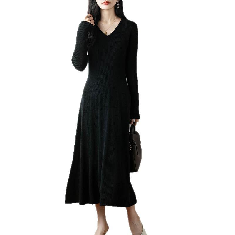 Gentle Style V-neck Pure Wool Knit Dress - Slim Fit Long Sleeve for Autumn & Winter