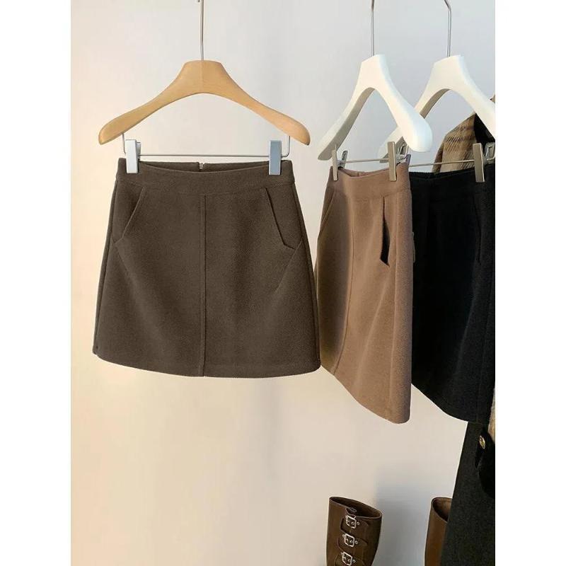 Simplicity Office Lady Autumn Winter Woolen Women Thicken Solid Zipper Pocket Vintage Fashion High Waist Short Slim A-line Skirt