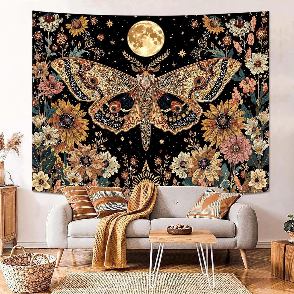 Mystic Moon Moth Tapestry, Boho Celestial Sunflower Floral Print Large Wall Hanging for Bedroom Living Room Aesthetic Decor