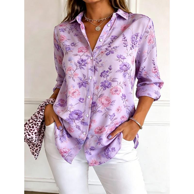Women's Long Sleeve Floral Print Button Down Casual Shirt Elegant Daily Blouse Tops in Blue for Spring Summer