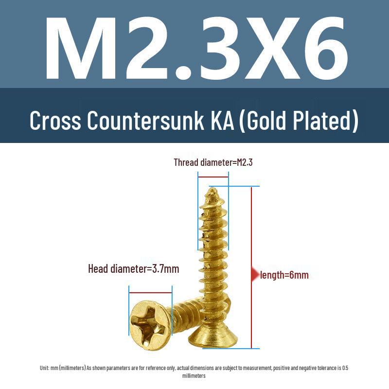Yigu Gold-Plated Carbon Steel Self-Tapping Screws: Countersunk Head, Flat Head, Pointed Tail, Sizes M2-M4, Ideal for Electronics.