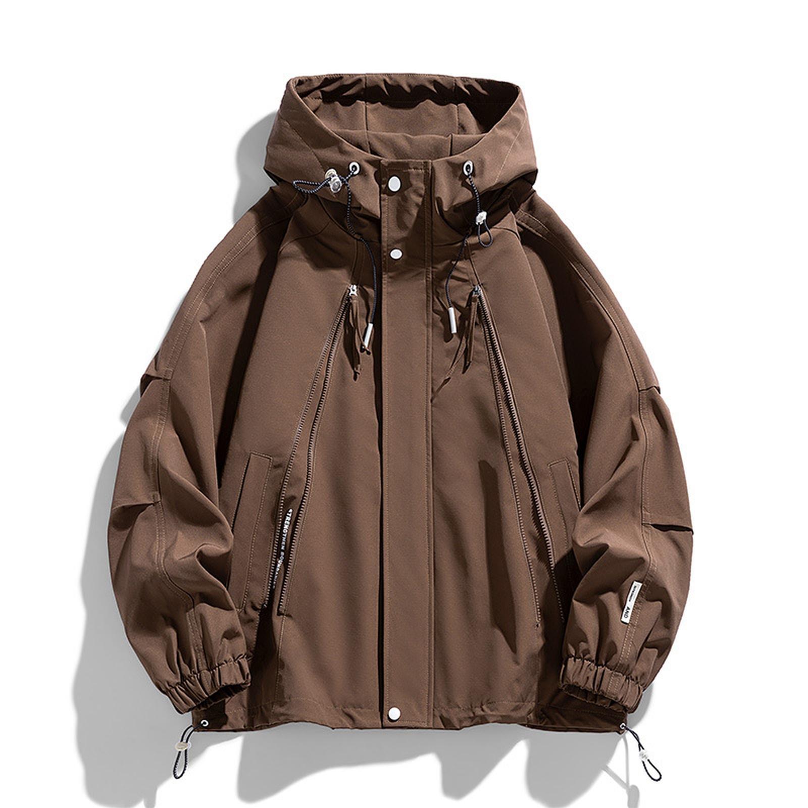 

Мужская куртка свободного кроя с несколькими карманами, модная и универсальная однотонная куртка с капюшоном XL коричневый