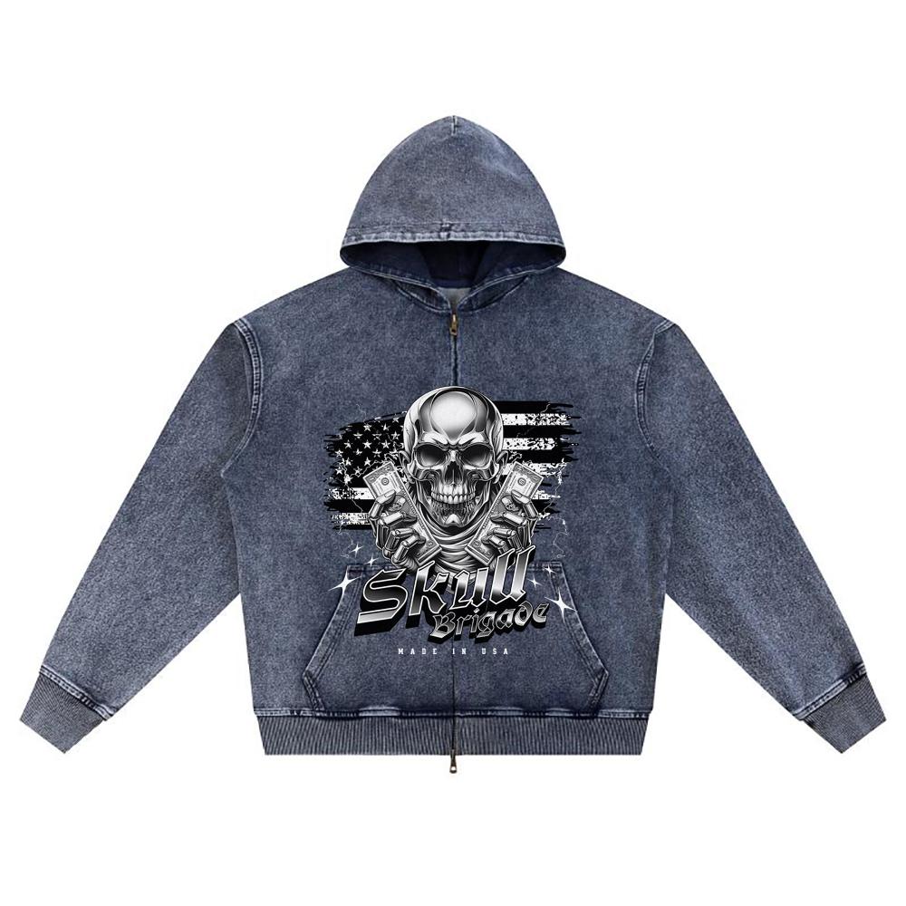 DTG Print Knitted Denim Zip-Up Hoodie Skull Brigade Brother Print Zipper Hoodies  