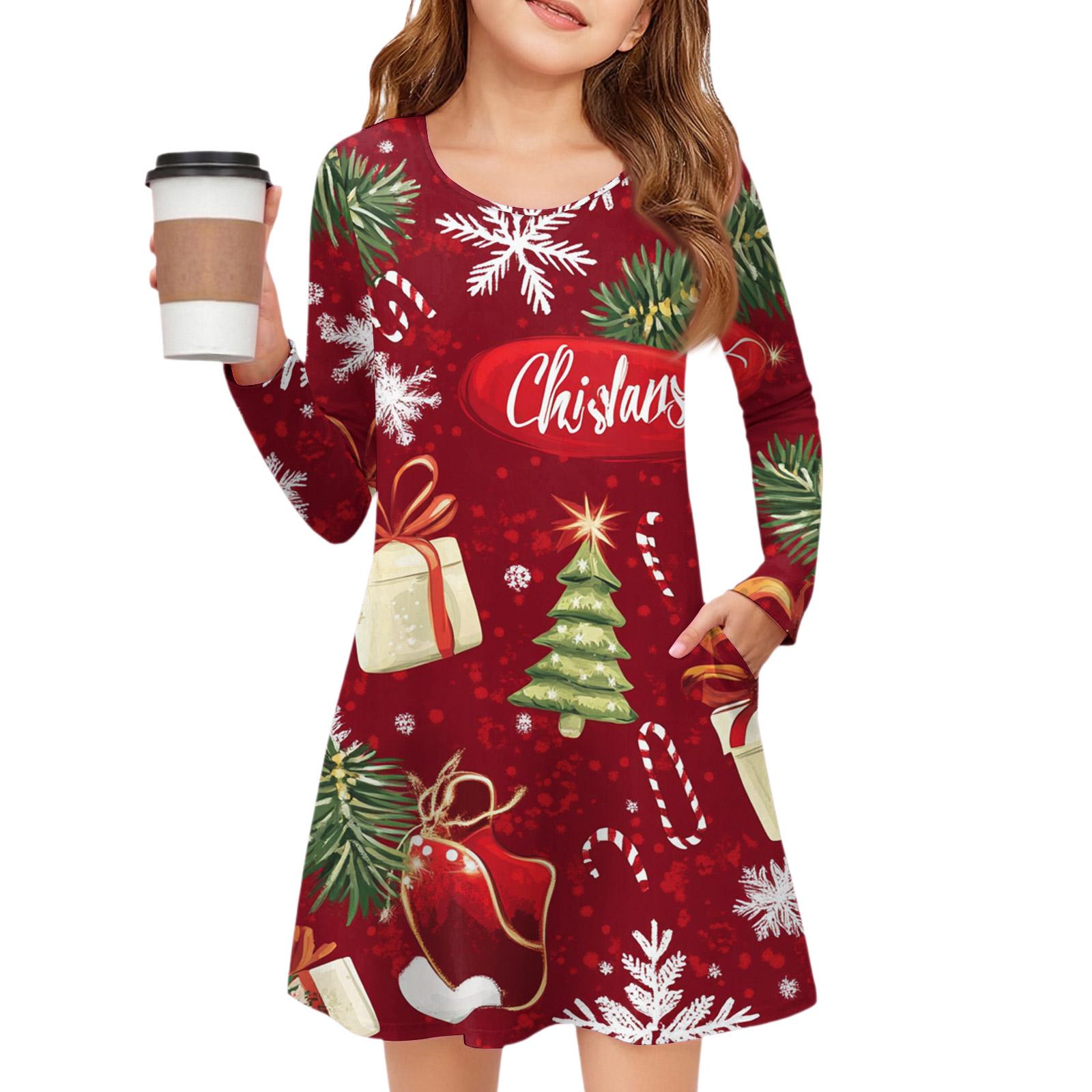 

Рождественское платье с длинным рукавом для девочек - Платье с цветным карманом 110