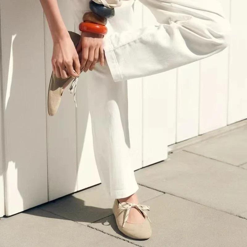 Fashion Round Toe Ballet Flats Women Lace-up Faux Suede Shallow Concise Soft Sole Mary Jane Shoes Women Casual Brand Shoes