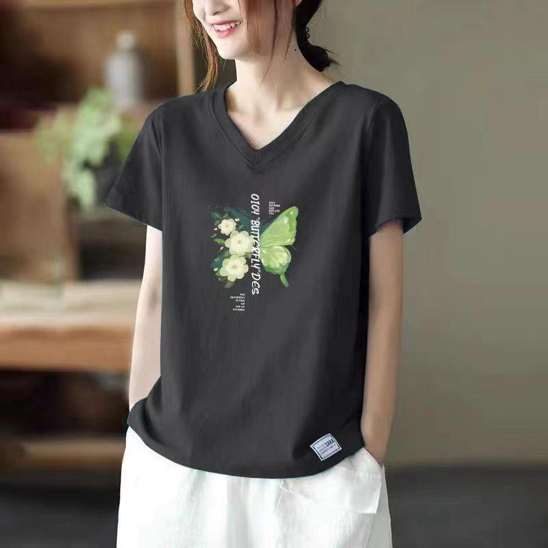 

Outlets Genuine Women s Clothing Cut Label Big Sale Cotton V Neck Tops Fashion All-Match Summer New Arrival Short Sleeve T-shirt Dark gray Butterfly] 2XL [Suggested 70.00kg]]