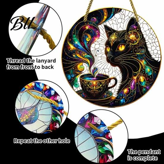 Moon Cat Wall Hanging Halloween Window Decor, Mystical Black Round Sign Cute Accessory for Indoor Outdoor Art, Gothic Home Porch Door Ornament