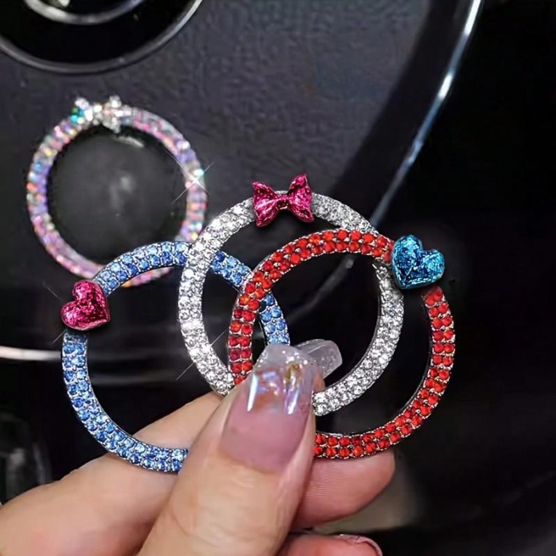 2pc Car One Click Start Decoration Circle Double Row Crystal Bowknot Fire Ring Ignition Switch Button Decoration