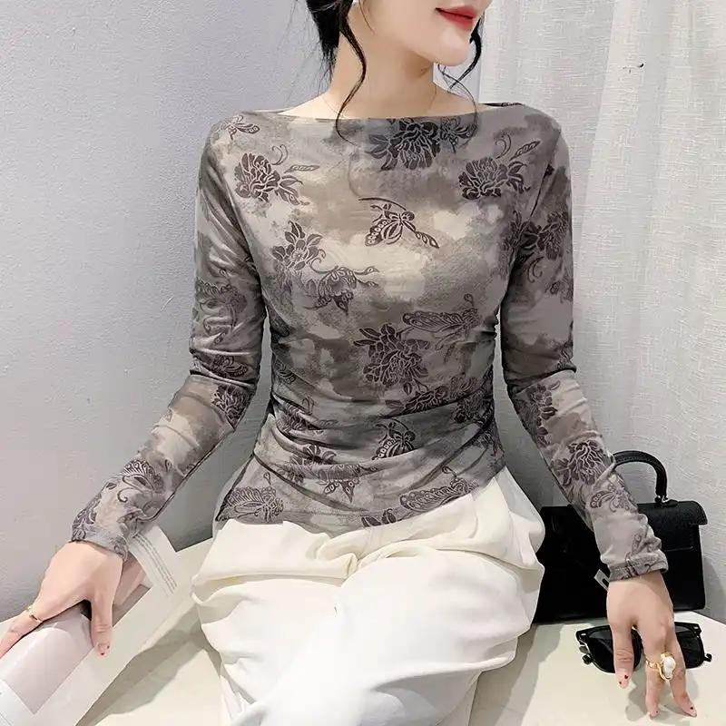 Temperament One-line Collar Long-sleeved T-shirt Women's Spring Autumn Beautiful Yarn Bottoming Shirt Colorful Top