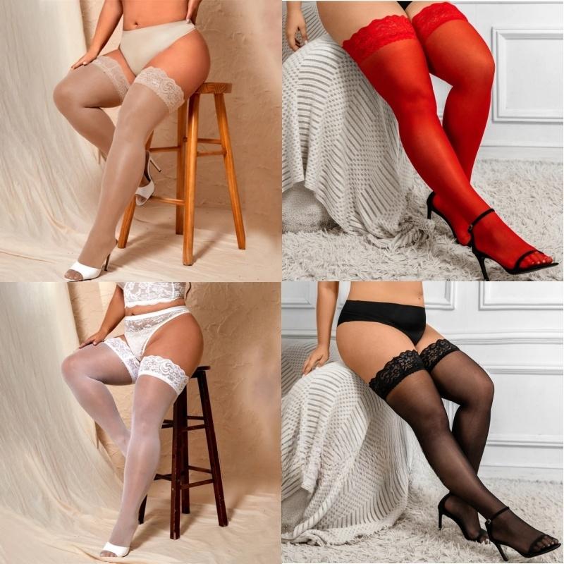 Sexy Over Knee Thigh High Lace Stockings With Silicone Anti-Slip Elastic Plus Size Stocking For Woman 3Xxxl 4Xl 5Xl