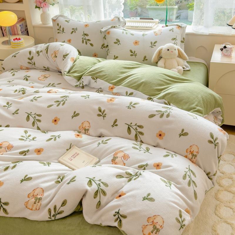 Thickened Milk Fleece Four-Piece Set, Coral Flange Double-Sided Fleece Quilt Cover, Bed Sheet, Bed Hat Three-Piece Set