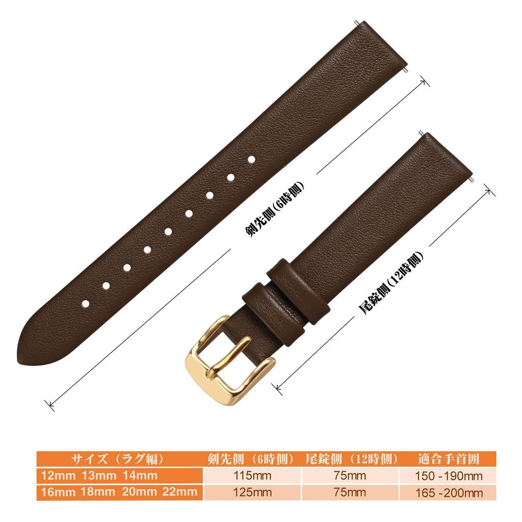 ANNEFIT Genuine Leather Watch Band, 13mm, Thin, Quick Release, Dark Brown with Gold Buckle