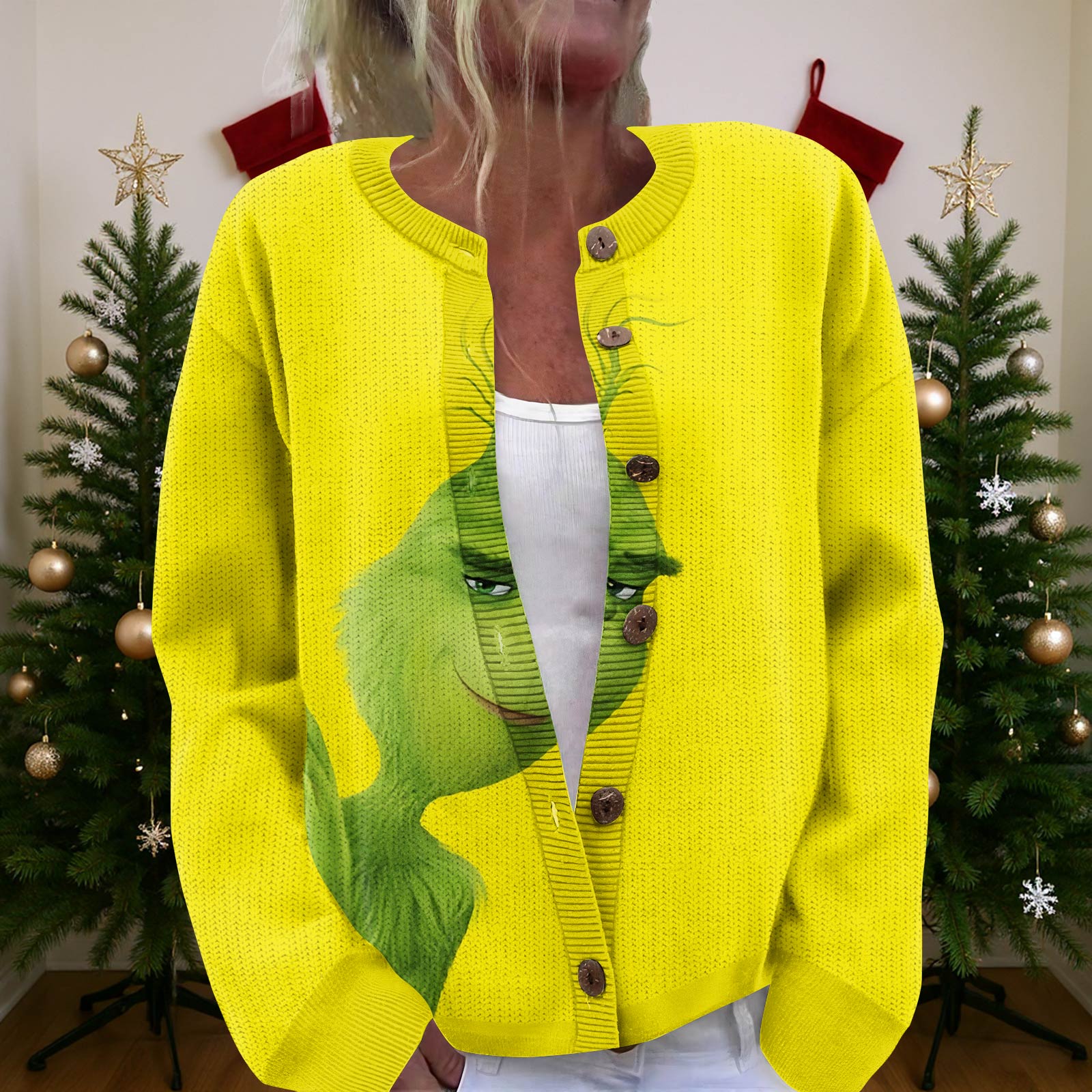 

Женский рождественский свитер Милый забавный рождественский свитер Осень и зима Свитер с длинным рукавом вязаный XXL жёлтый