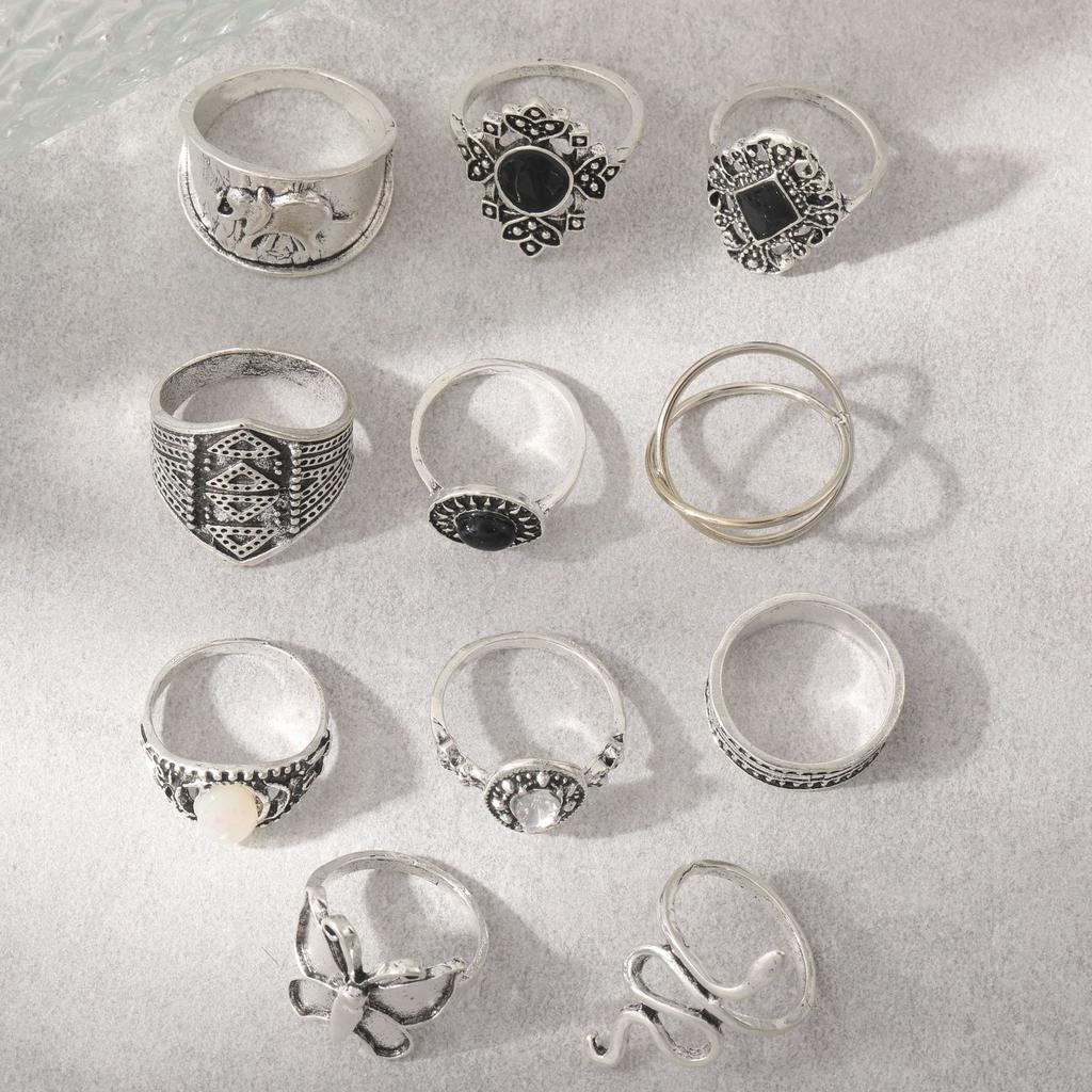 Combination Ring, Vintage Snake Butterfly Elephant Dot Diamond Cross 11 Piece Set Ring Jewelry