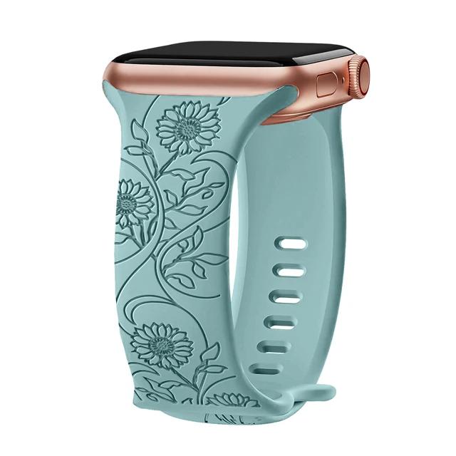 Floral Engraved Strap For Apple Watch Band 40mm 44mm 41mm 49mm 45mm 38mm 42mm Silicone Bracelet Iwatch Series 9 7 Se 6 8 Ultra 2