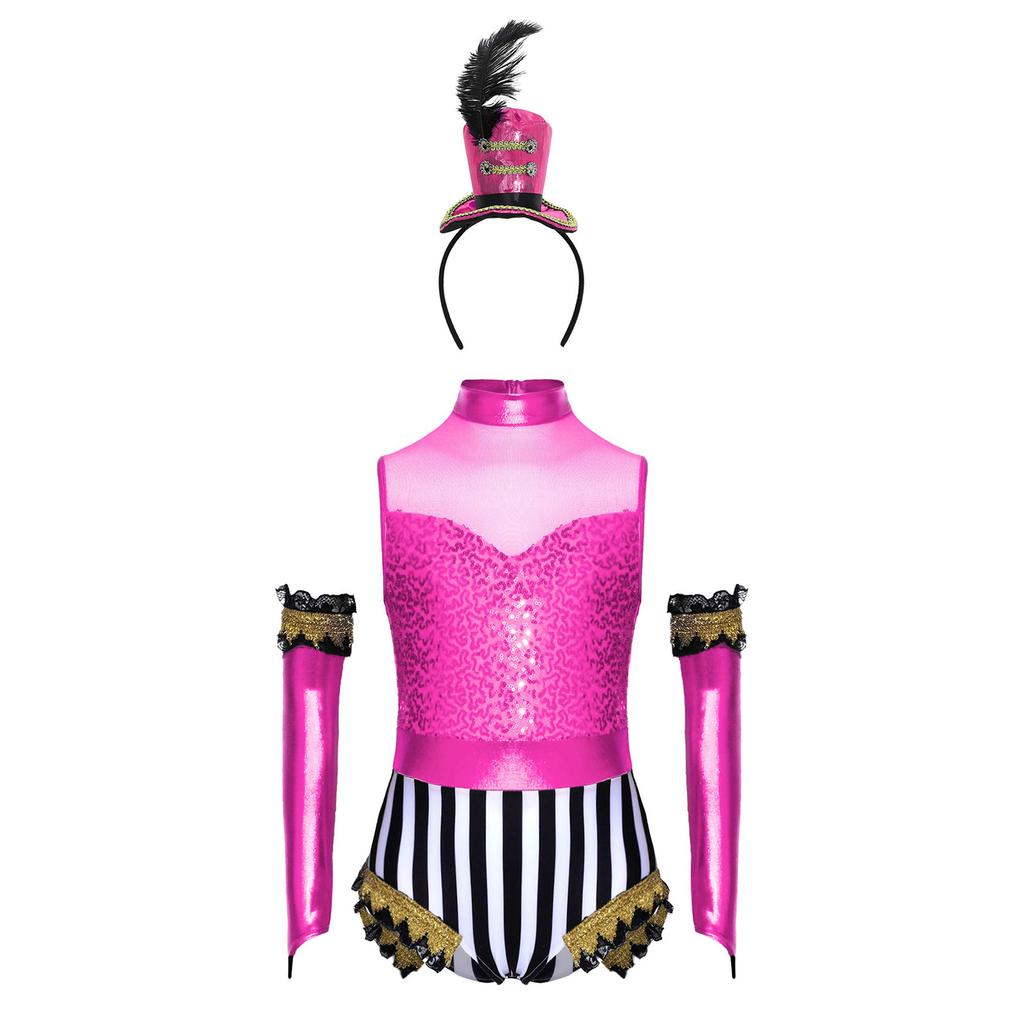 Girls Circus Costume Set Sequins Mock Neck Sleeveless Jumpsuit Press Buttons Metallic Oversleeve Top Hat