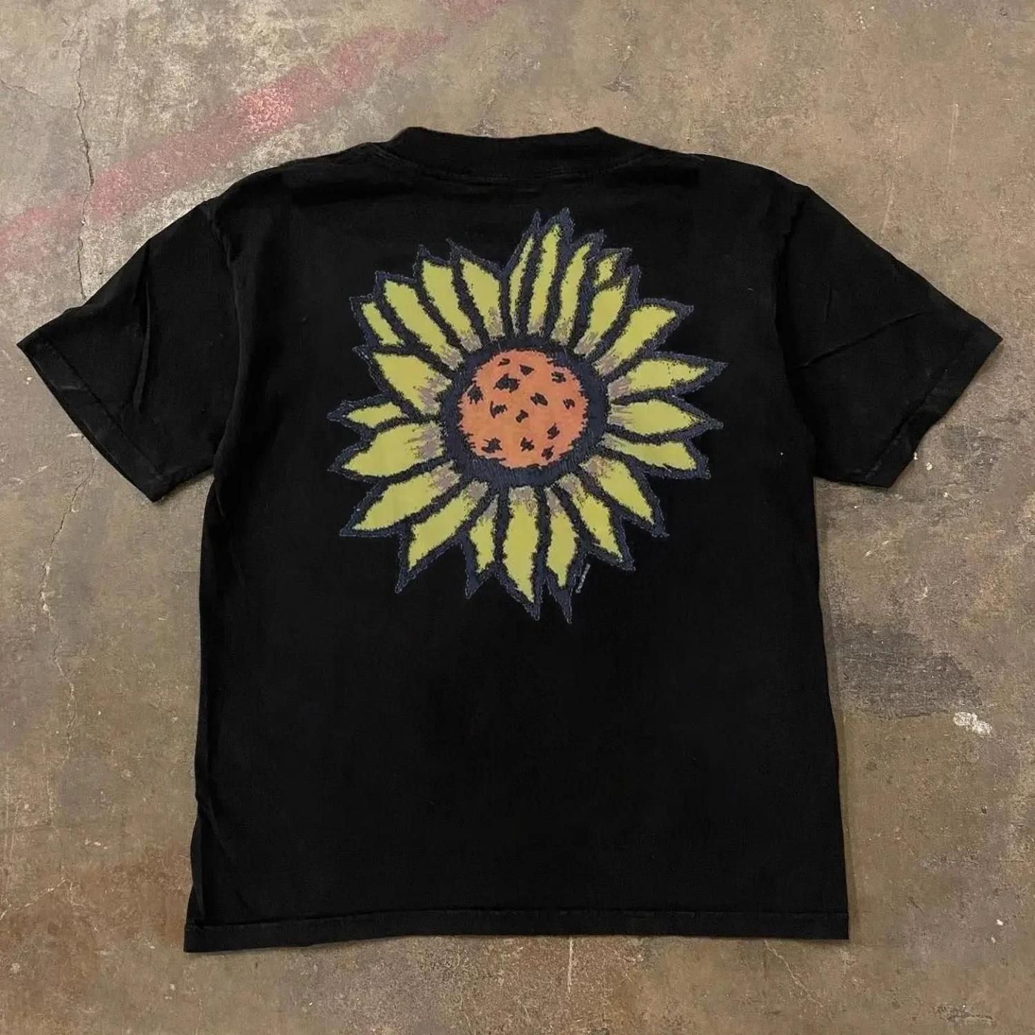 Heavy cotton American retro summer sunflower print short-sleeved T-shirt men s and women s trendy brand ins loose round neck top S