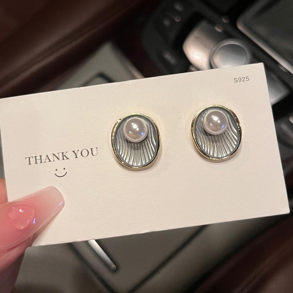 S925 silver needle French drip glaze shell pearl stud earrings women's new simple niche design temperament earrings