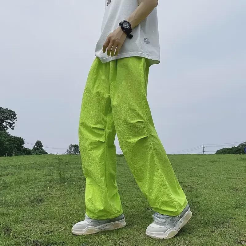 Men's Oversized Fluorescent Green Quick-Dry Wide-Leg Paratrooper Pants - Trendy Summer Style