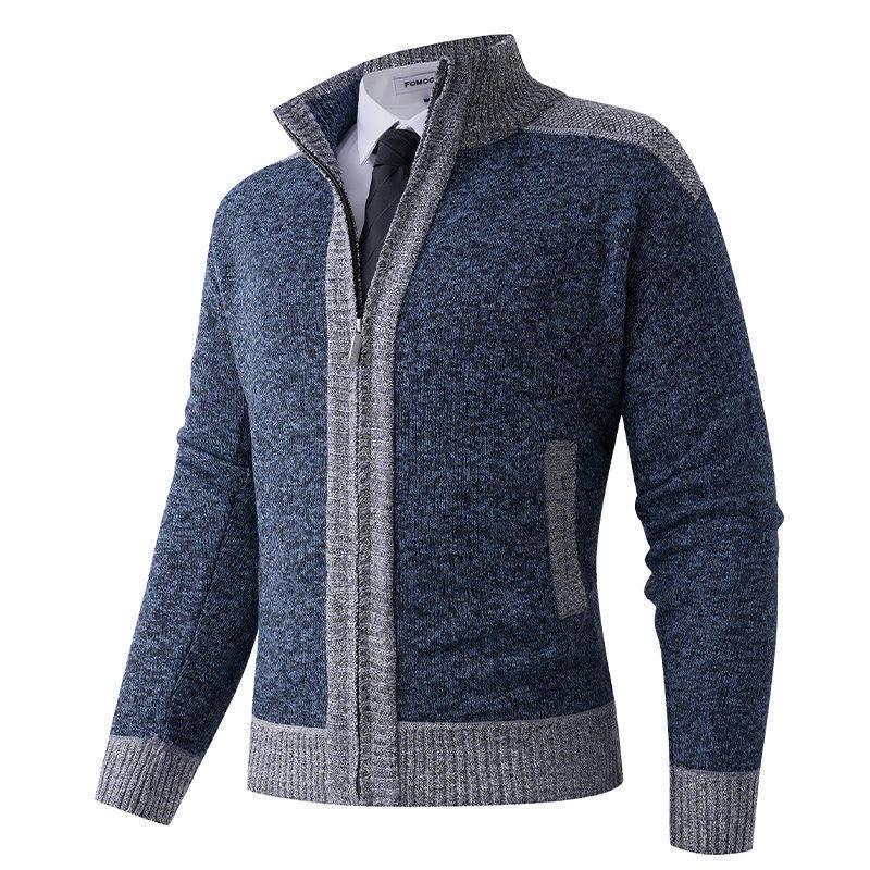 2025 Men's Solid Color Knit Zipper Cardigan - Thick Plus Velvet Coat for Autumn & Winter