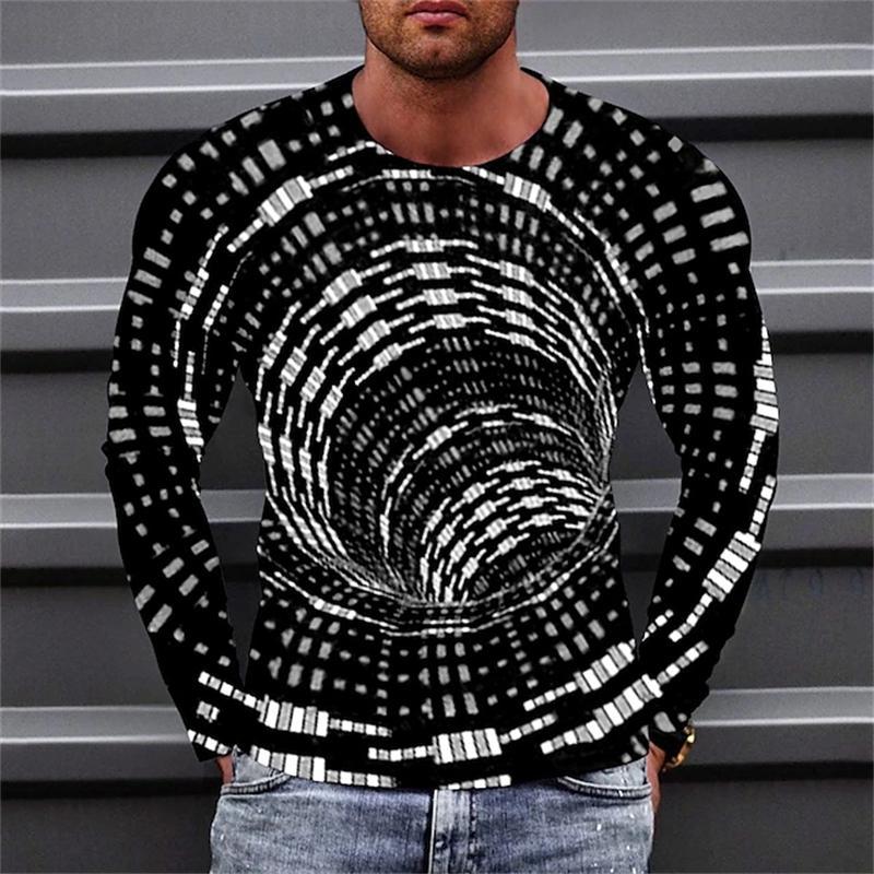 Optical Illusions Pattern 3D Printed Casual Long Sleeved Men's T-shirts - Soft Medium Stretch Polyester Fabric Spring and Autumn Relaxed Fit Clothing
