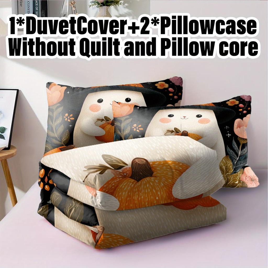 3pcs Halloween Pumpkin Monster Duvet Cover Set without Core, Quilt Cover with 2 PillowcasesSoft and Machine Washable