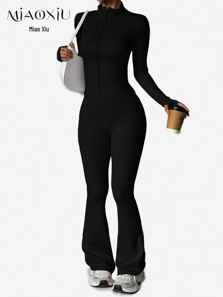 Waist-Cinching Yoga Set: Long-Sleeve Jacket & Butt-Lifting Micro-Flare Pants - Women's Sportswear for Autumn/Winter.