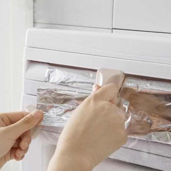 Cling Film Storage Rack Roll Paper Towel Holder Shelf Wrap Cutter Kitchen Tool