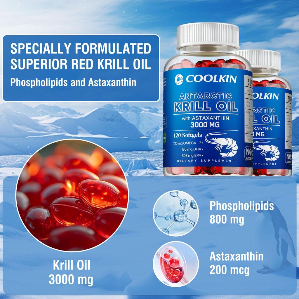 Coolkin Kapsle s olejem z antarktického krilu, zcela přírodní, 3000 mg na dávku, obsahuje extrakt z astaxantinu, podporuje celkové zdraví.