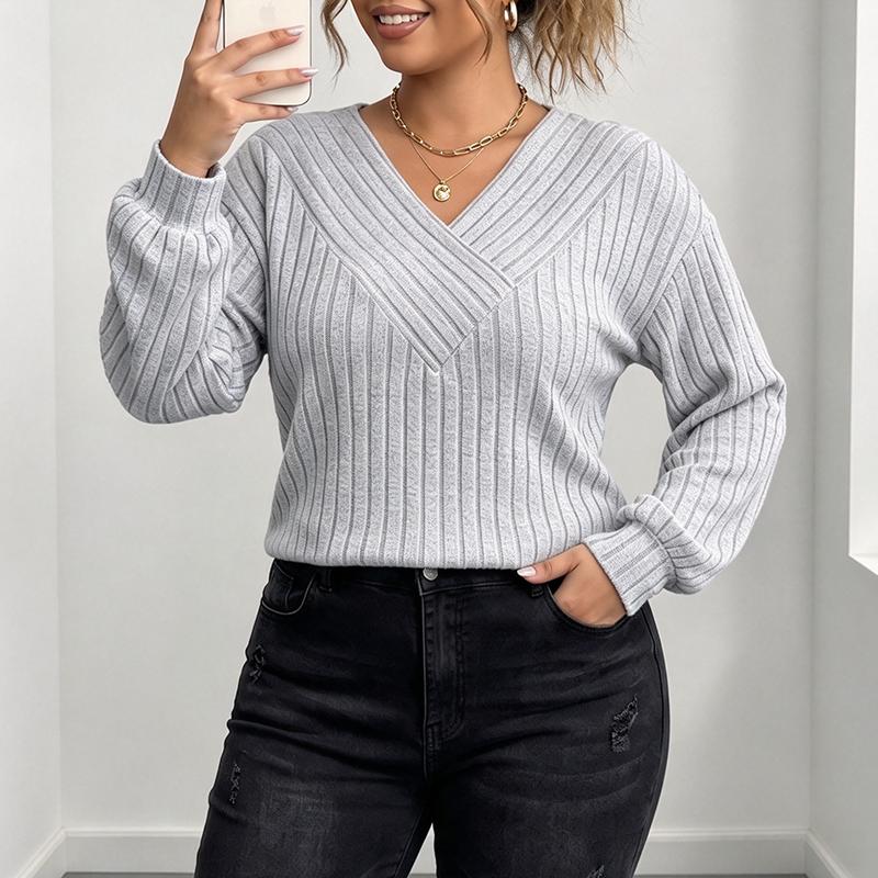 Women Plus Size Solid Color Knitwear Deep V Neck Long Sleeve Ribbed Knit T Shirt Top