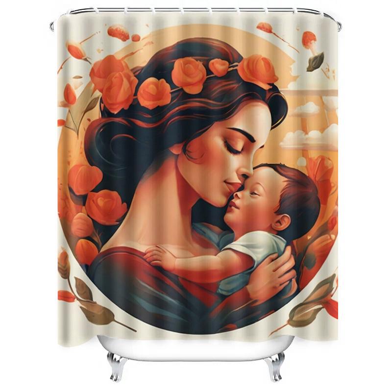 Mother and Child with Orange Flowers Waterproof Shower Curtain for Bathroom Decor, High-Quality Material and Easy to Clean