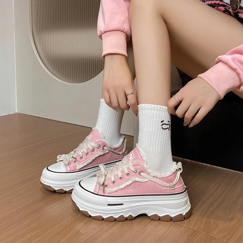 Fashion New Round Toe Thick Sole Canvas Shoe Casual Comfortable Walking Shoes Cross Strap Women'S Sneakers