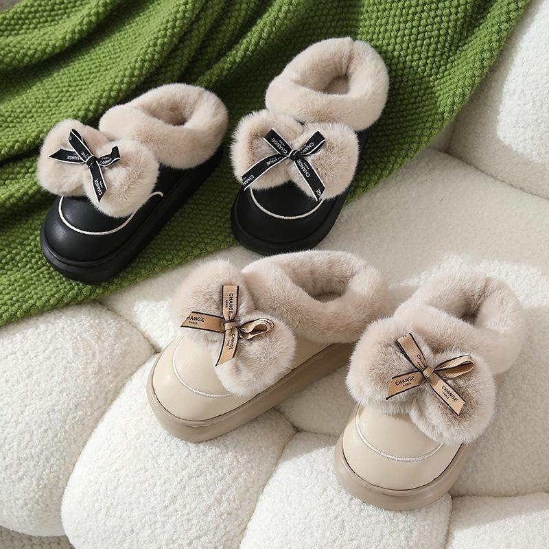 Cotton slippers for women, waterproof leather slippers, thickened bow, cute furry slippers, home slippers, PVC, loose feeling