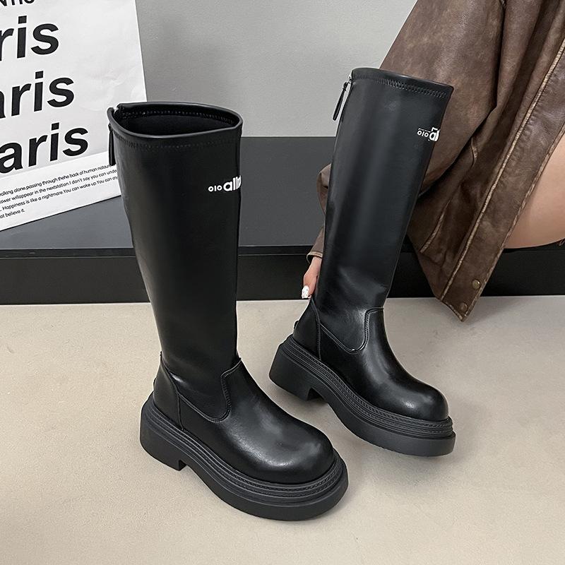 Soft Leather Tall Elastic Boots 2025 Autumn and Winter New British Style Heightened Thick-soled One-pedal Short Women's Boots Knight Boots