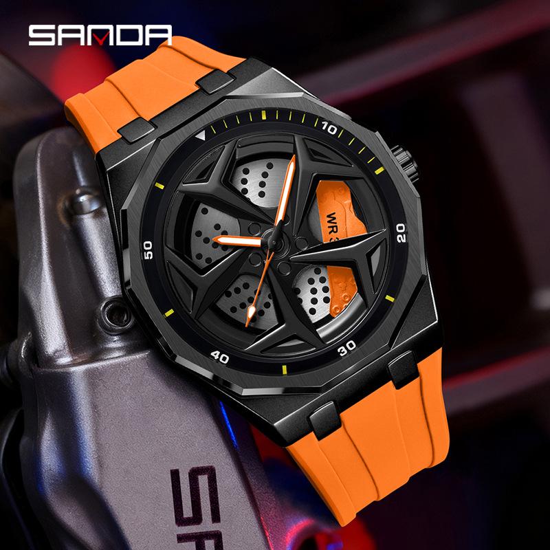 SANDA Men's Waterproof Luminous Polygonal Quartz Watch with 3D Rotating Dial and Silicone Band