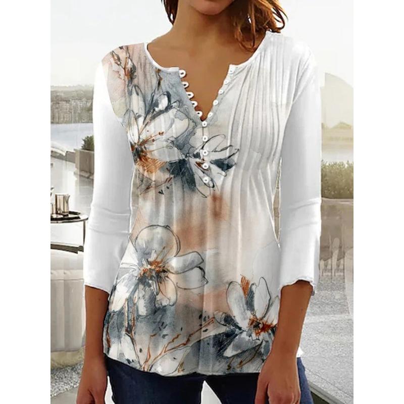 Spring and Summer Women's Blouse Fashion New Women's Floral Print V-neck Short-sleeved Pleated Buttons T-shirt