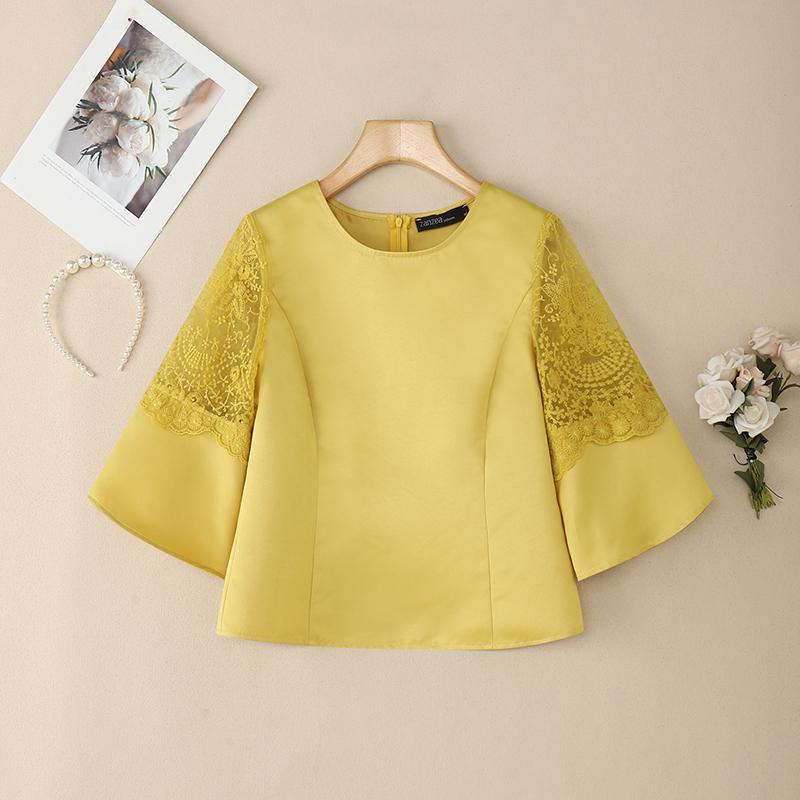 ZANZEA Damen Casual Rundhals Spitze Patchwork Sommer 3/4 Ärmel Bluse