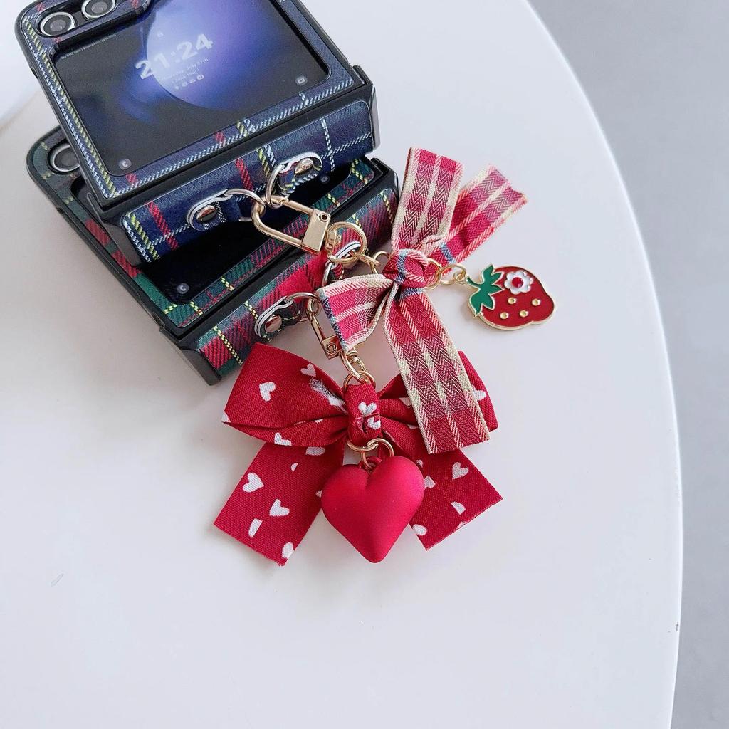 Roztomilý kostkovaný PU kožený řemínek na zápěstí s mašličkou pouzdro na telefon pro Samsung Galaxy Z Flip 6 5 4 3 5G Ochrana pantu Nárazuvzdorný kryt